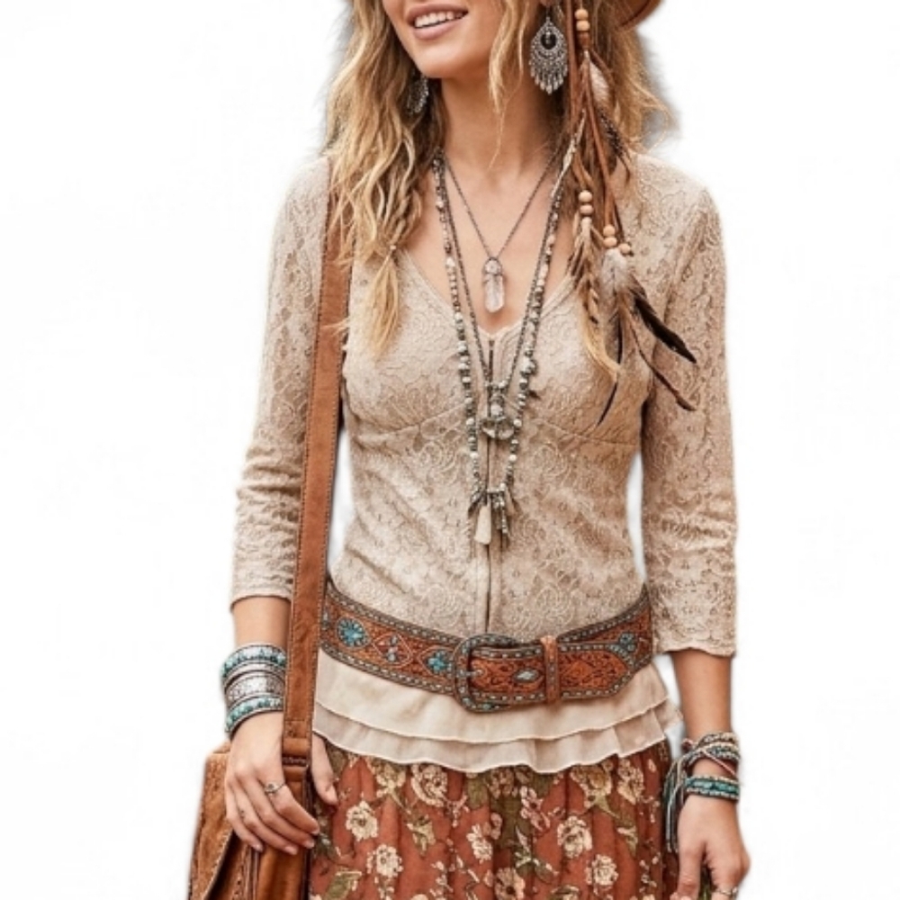 Vintage Fairycore Y2k Floral Lace V-Neck Top Neutral Tan Hook-and-Eye Top